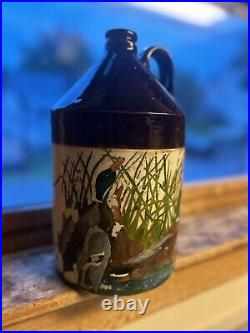 11 Inch Tall Antique Split Cast Salt Glazed Stoneware Jug Duck Painting