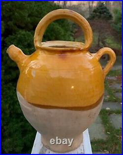 12' French Confit Antique Pottery Stoneware Pot Yellow Glaze Beaucaire Cruche