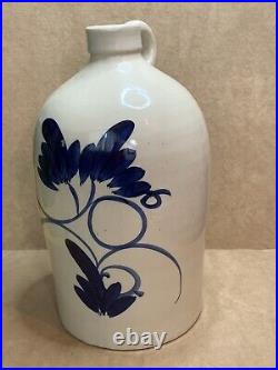 12 Stoneware Handled Jug with Cobalt Blue Line Art with Leaves Whiskey Moonshine