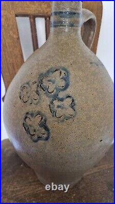 1700 Antique Stoneware Cobalt Blue Incised Crosses Ovoid Jug Jar Pottery Crock