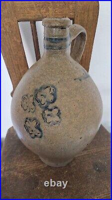 1700 Antique Stoneware Cobalt Blue Incised Crosses Ovoid Jug Jar Pottery Crock