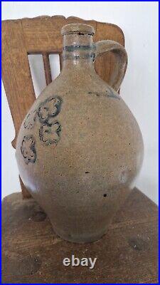 1700 Antique Stoneware Cobalt Blue Incised Crosses Ovoid Jug Jar Pottery Crock