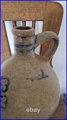 1700 Antique Stoneware Cobalt Blue Incised Crosses Ovoid Jug Jar Pottery Crock