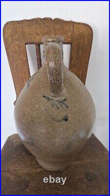 1700 Antique Stoneware Cobalt Blue Incised Crosses Ovoid Jug Jar Pottery Crock