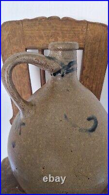 1700 Antique Stoneware Cobalt Blue Incised Crosses Ovoid Jug Jar Pottery Crock