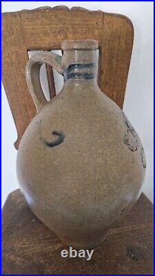 1700 Antique Stoneware Cobalt Blue Incised Crosses Ovoid Jug Jar Pottery Crock