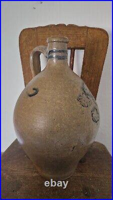 1700 Antique Stoneware Cobalt Blue Incised Crosses Ovoid Jug Jar Pottery Crock