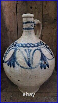 1700s ANTIQUE STONEWARE COBALT BLUE FLOWER OVOID JUG JAR PRIMITIVE POTTERY CROCK