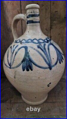 1700s ANTIQUE STONEWARE COBALT BLUE FLOWER OVOID JUG JAR PRIMITIVE POTTERY CROCK