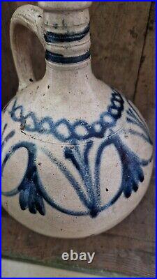 1700s ANTIQUE STONEWARE COBALT BLUE FLOWER OVOID JUG JAR PRIMITIVE POTTERY CROCK