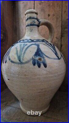 1700s ANTIQUE STONEWARE COBALT BLUE FLOWER OVOID JUG JAR PRIMITIVE POTTERY CROCK