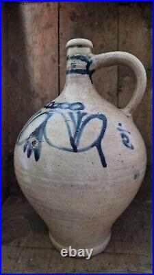 1700s ANTIQUE STONEWARE COBALT BLUE FLOWER OVOID JUG JAR PRIMITIVE POTTERY CROCK