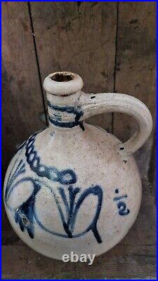 1700s ANTIQUE STONEWARE COBALT BLUE FLOWER OVOID JUG JAR PRIMITIVE POTTERY CROCK