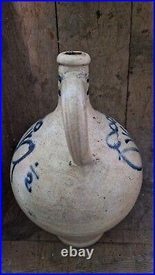 1700s ANTIQUE STONEWARE COBALT BLUE FLOWER OVOID JUG JAR PRIMITIVE POTTERY CROCK