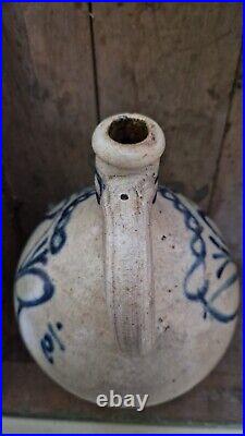 1700s ANTIQUE STONEWARE COBALT BLUE FLOWER OVOID JUG JAR PRIMITIVE POTTERY CROCK