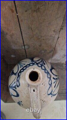 1700s ANTIQUE STONEWARE COBALT BLUE FLOWER OVOID JUG JAR PRIMITIVE POTTERY CROCK