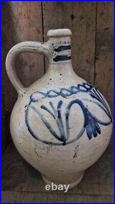 1700s ANTIQUE STONEWARE COBALT BLUE FLOWER OVOID JUG JAR PRIMITIVE POTTERY CROCK