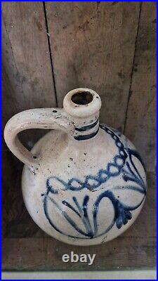 1700s ANTIQUE STONEWARE COBALT BLUE FLOWER OVOID JUG JAR PRIMITIVE POTTERY CROCK