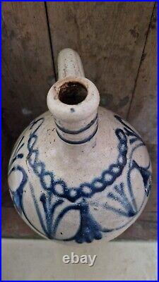 1700s ANTIQUE STONEWARE COBALT BLUE FLOWER OVOID JUG JAR PRIMITIVE POTTERY CROCK