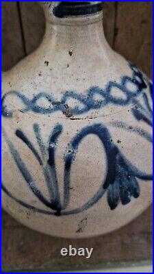 1700s ANTIQUE STONEWARE COBALT BLUE FLOWER OVOID JUG JAR PRIMITIVE POTTERY CROCK