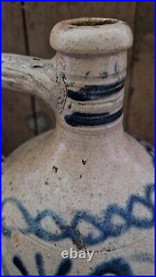 1700s ANTIQUE STONEWARE COBALT BLUE FLOWER OVOID JUG JAR PRIMITIVE POTTERY CROCK