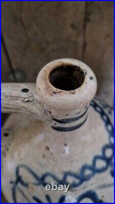 1700s ANTIQUE STONEWARE COBALT BLUE FLOWER OVOID JUG JAR PRIMITIVE POTTERY CROCK