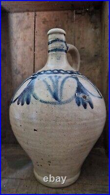 1700s ANTIQUE STONEWARE COBALT BLUE FLOWER OVOID JUG JAR PRIMITIVE POTTERY CROCK