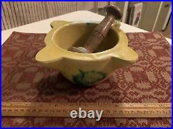 17th/18th Century Pottery Stoneware Mortar W Yellow & Green Glaze W Wood Pestle