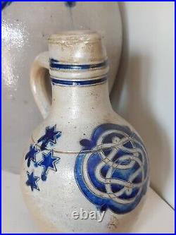 1800 Antique Stoneware Cobalt Blue Band & Star Ovoid Pottery Jug Jar Old Pitcher