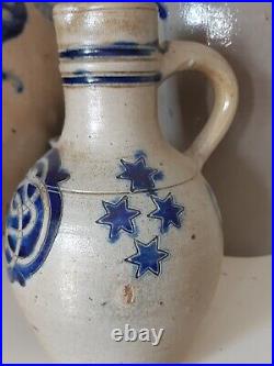 1800 Antique Stoneware Cobalt Blue Band & Star Ovoid Pottery Jug Jar Old Pitcher