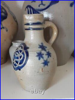 1800 Antique Stoneware Cobalt Blue Band & Star Ovoid Pottery Jug Jar Old Pitcher