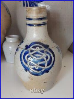 1800 Antique Stoneware Cobalt Blue Band & Star Ovoid Pottery Jug Jar Old Pitcher