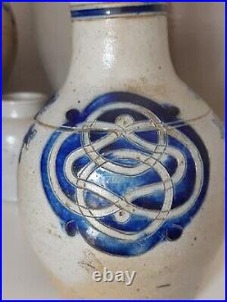 1800 Antique Stoneware Cobalt Blue Band & Star Ovoid Pottery Jug Jar Old Pitcher