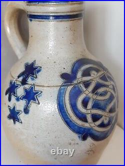 1800 Antique Stoneware Cobalt Blue Band & Star Ovoid Pottery Jug Jar Old Pitcher