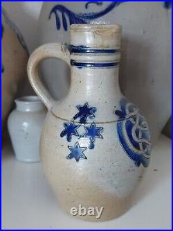 1800 Antique Stoneware Cobalt Blue Band & Star Ovoid Pottery Jug Jar Old Pitcher