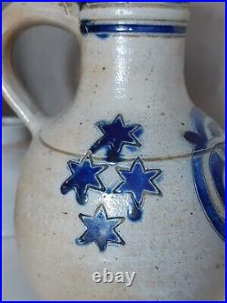 1800 Antique Stoneware Cobalt Blue Band & Star Ovoid Pottery Jug Jar Old Pitcher