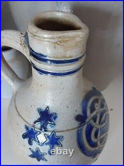 1800 Antique Stoneware Cobalt Blue Band & Star Ovoid Pottery Jug Jar Old Pitcher