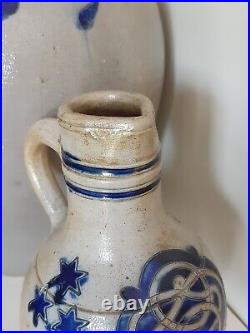 1800 Antique Stoneware Cobalt Blue Band & Star Ovoid Pottery Jug Jar Old Pitcher