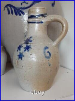 1800 Antique Stoneware Cobalt Blue Band & Star Ovoid Pottery Jug Jar Old Pitcher