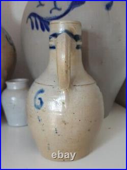 1800 Antique Stoneware Cobalt Blue Band & Star Ovoid Pottery Jug Jar Old Pitcher