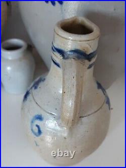 1800 Antique Stoneware Cobalt Blue Band & Star Ovoid Pottery Jug Jar Old Pitcher