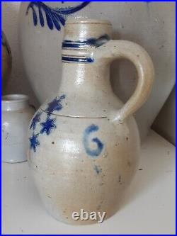 1800 Antique Stoneware Cobalt Blue Band & Star Ovoid Pottery Jug Jar Old Pitcher