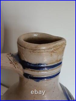 1800 Antique Stoneware Cobalt Blue Band & Star Ovoid Pottery Jug Jar Old Pitcher