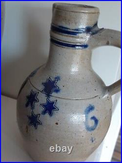 1800 Antique Stoneware Cobalt Blue Band & Star Ovoid Pottery Jug Jar Old Pitcher