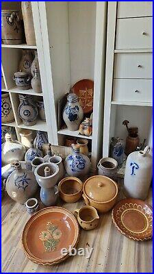 1800 Antique Stoneware Cobalt Blue Band & Star Ovoid Pottery Jug Jar Old Pitcher