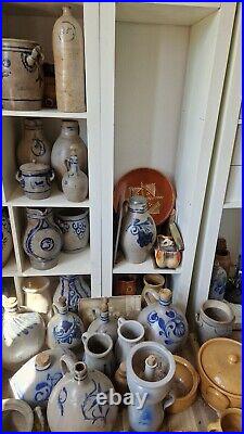 1800 Antique Stoneware Cobalt Blue Band & Star Ovoid Pottery Jug Jar Old Pitcher