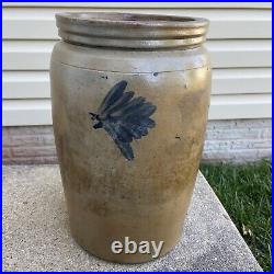 1800's American Blue Decorated Crock Salt Glaze Stoneware Century 13 1/2x 8