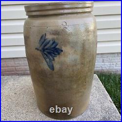 1800's American Blue Decorated Crock Salt Glaze Stoneware Century 13 1/2x 8