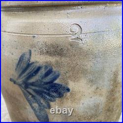 1800's American Blue Decorated Crock Salt Glaze Stoneware Century 13 1/2x 8