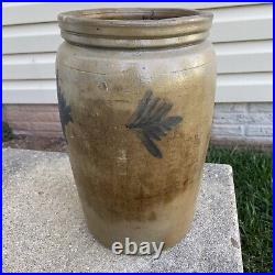 1800's American Blue Decorated Crock Salt Glaze Stoneware Century 13 1/2x 8